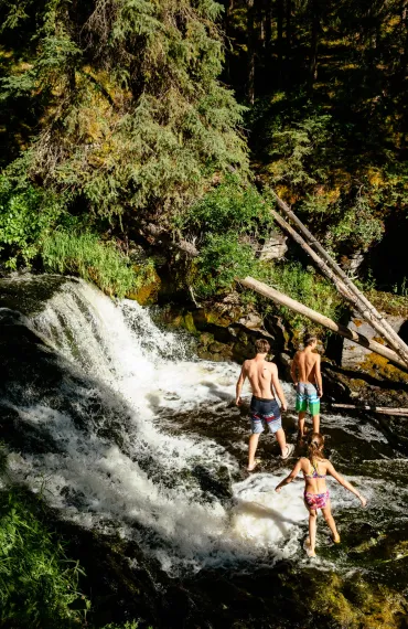 Exploring the waterfalls at Siwash Lake Wilderness Resort