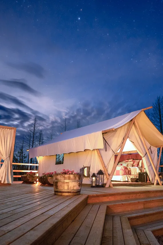 Sleep beneath the stars in your luxury canvas tent with custom sky light